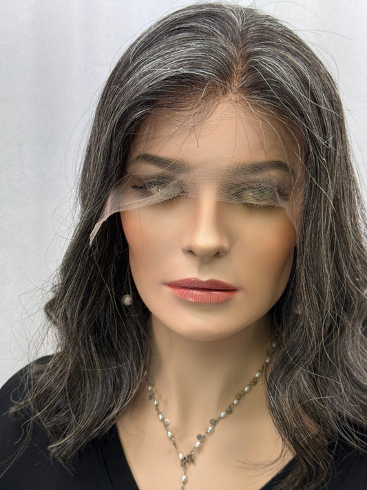 #291 **FINAL SALE** Dark Gray Highest Quality Remy Human Hair Lace Top Kosher Wig ~30% Gray Hair (S) 15/16”