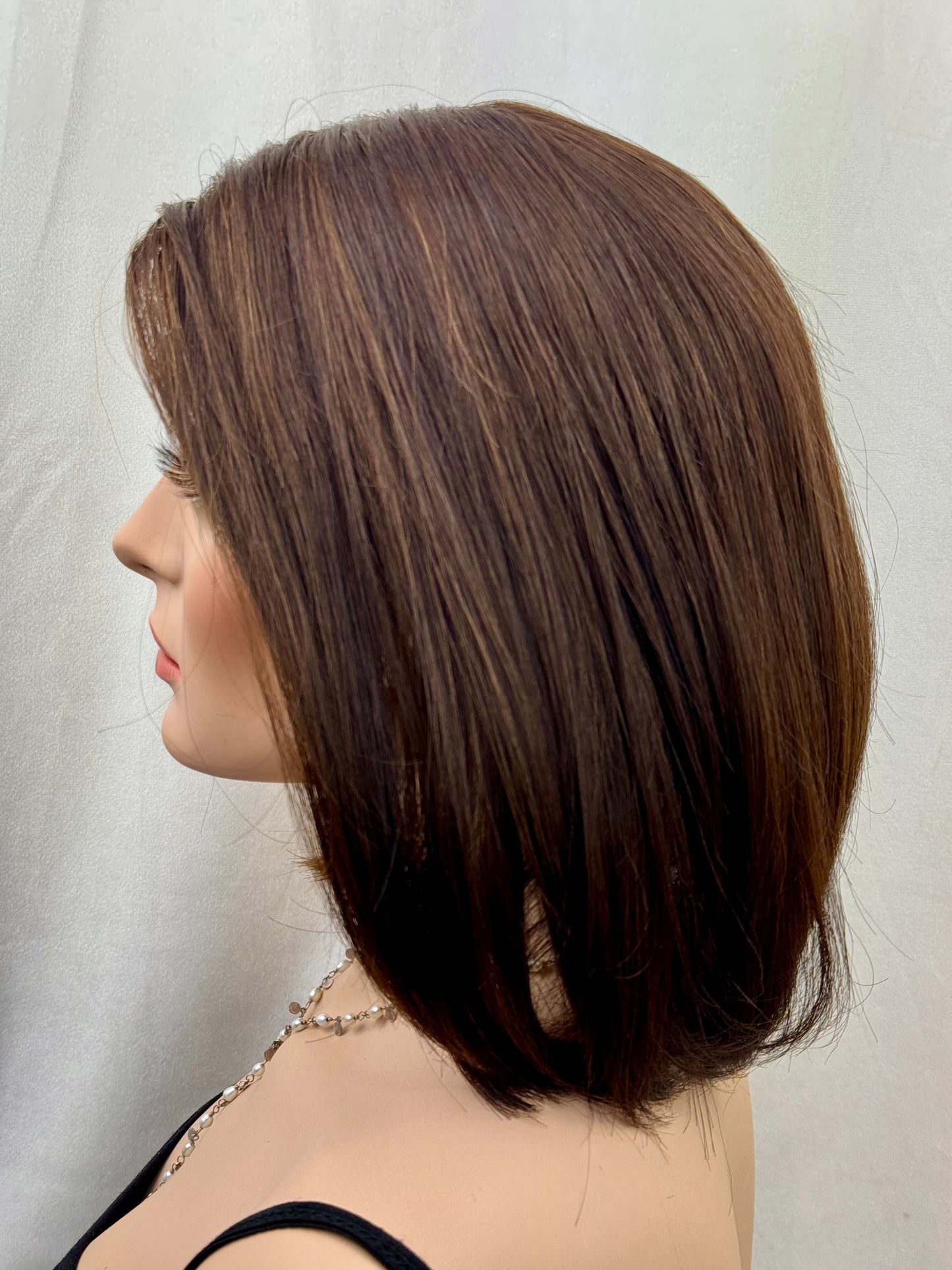 #497Highest Quality Remy Human Hair Medical Cap Silk Top Lace Front Wig with extra light density and very thin, light silk top with lace front(S) 14”