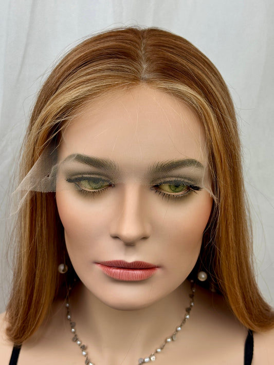 #467 **FINAL SALE** Highest Quality Remy Human Hair Low Density Medical Cap French Drawn, extra thin Silk Top with Lace Front (S) 17”