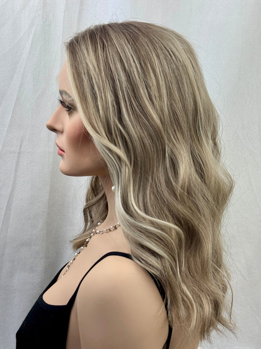 #504 Highest Quality Remy Human Hair medical cap wig with French drawn silk top and lace front and extra light cap and density (M)18/19”