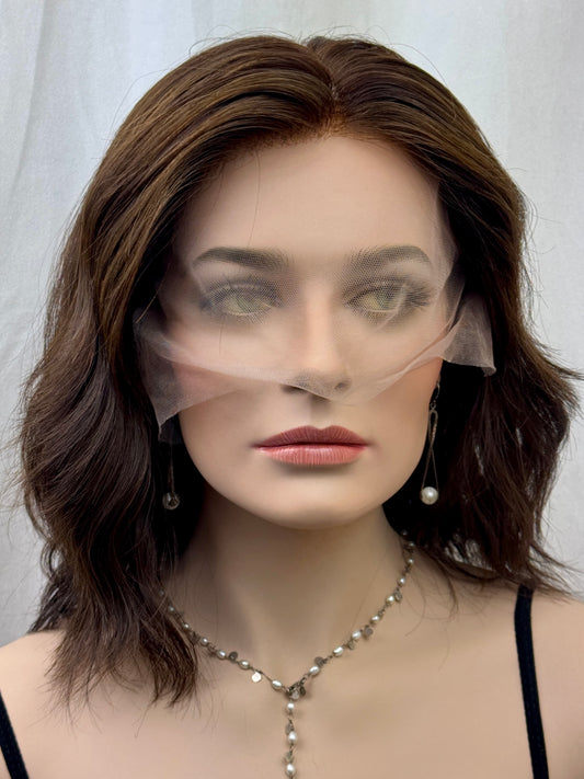 #482 Highest Quality Remy Human Hair French drawn silk top Medical Cap, mostly Hand Tied low Density Silk Top Lace Front Kosher Wig (M)14”