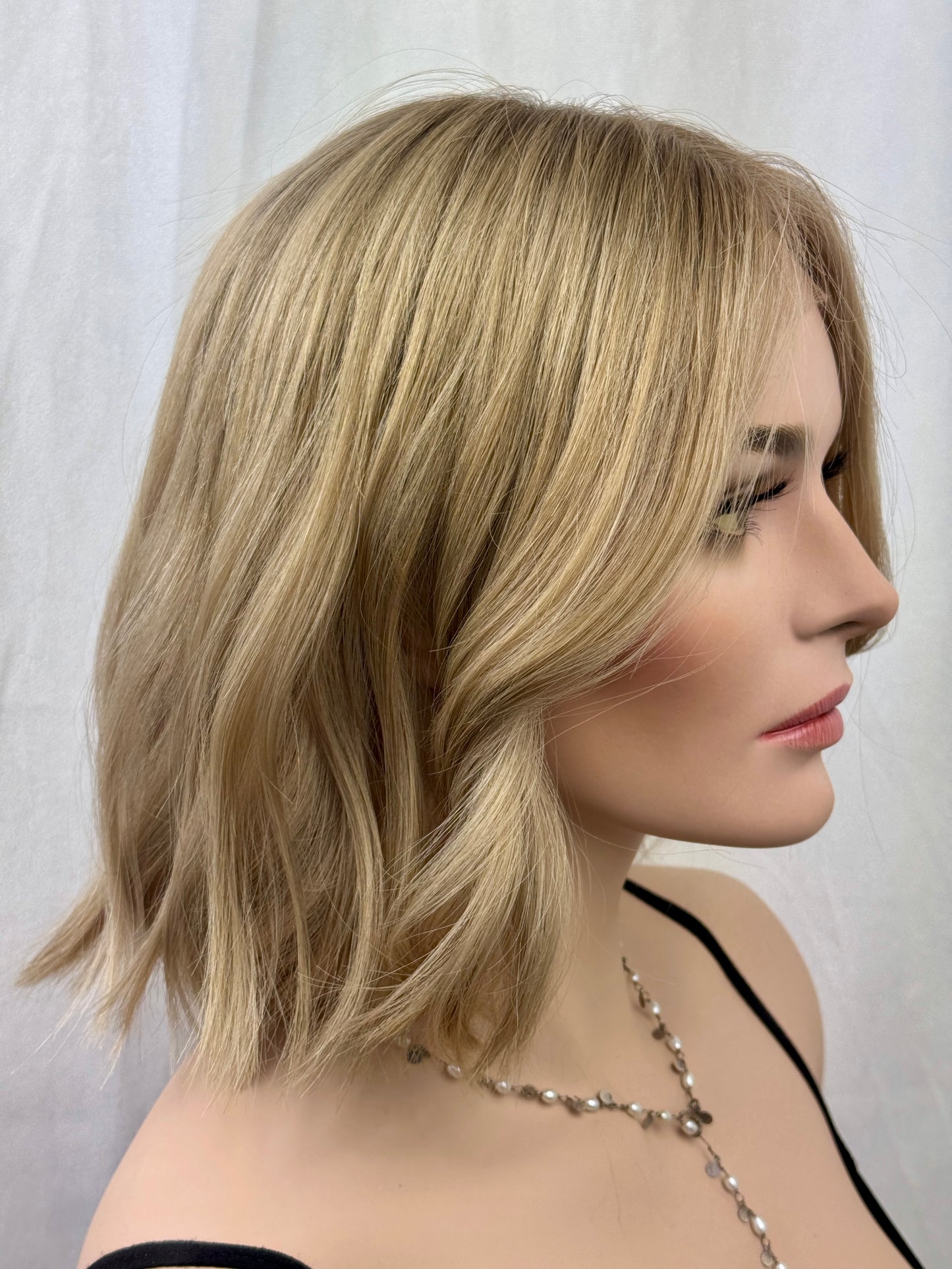 #512 Highest Quality Remy Human Hair medical cap wig with French drawn silk top and lace front and extra light cap and density (M)13”