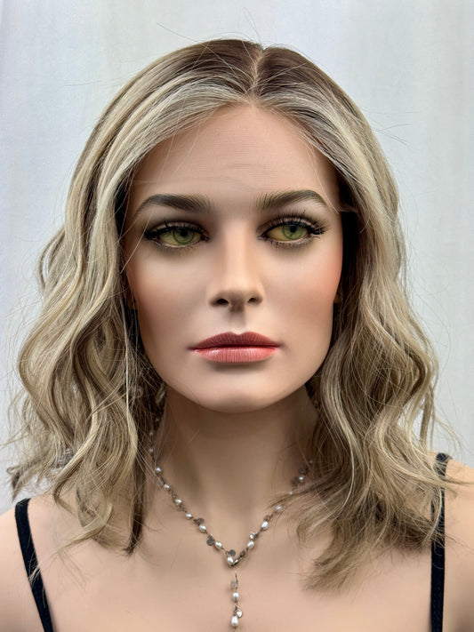 #525 Highest Quality Remy Human Hair medical cap wig with French drawn silk top and lace front and extra light cap and density (M)16”