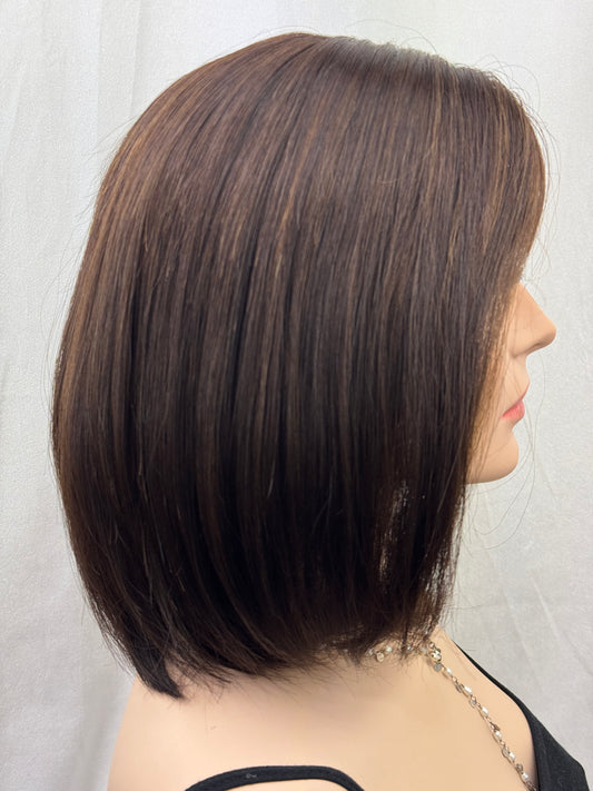 #497Highest Quality Remy Human Hair Medical Cap Silk Top Lace Front Wig with extra light density and very thin, light silk top with lace front(S) 14”