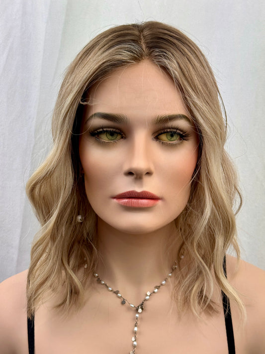 #531 Highest Quality Remy Human Hair medical cap wig with French drawn silk top and lace front and extra light cap and density (S)16”