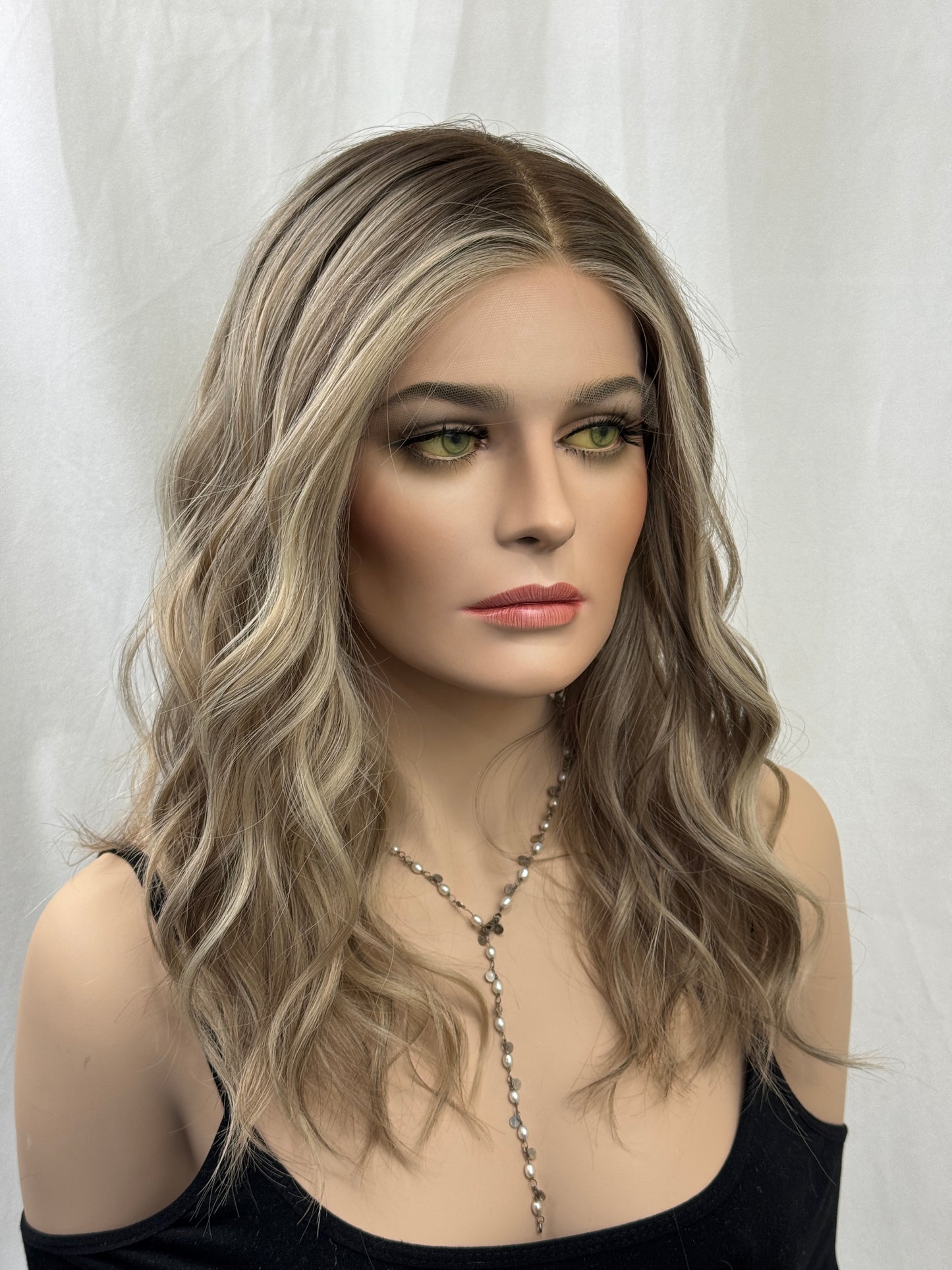 #556 Highest Quality Remy Human Hair Medical Cap ( French drawn) with extra thin silk top and lace front (M) 18“