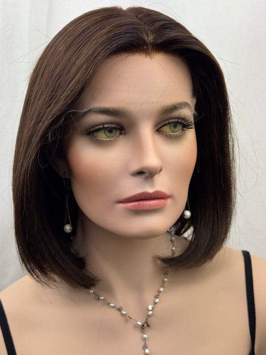 #497Highest Quality Remy Human Hair Medical Cap Silk Top Lace Front Wig with extra light density and very thin, light silk top with lace front(S) 14”