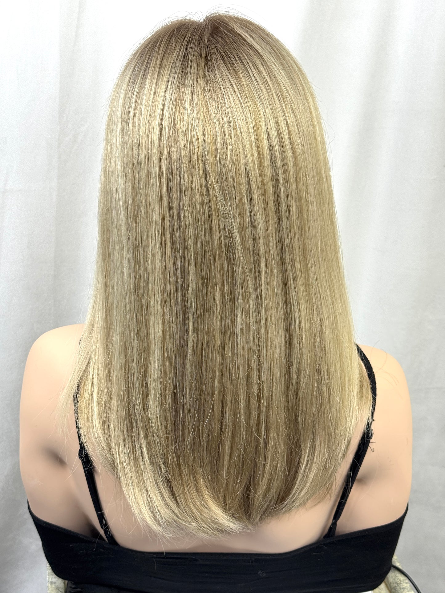 #550 Highest Quality Remy Human Hair medical cap wig with French drawn silk top and lace front and extra light cap and density (S)19“