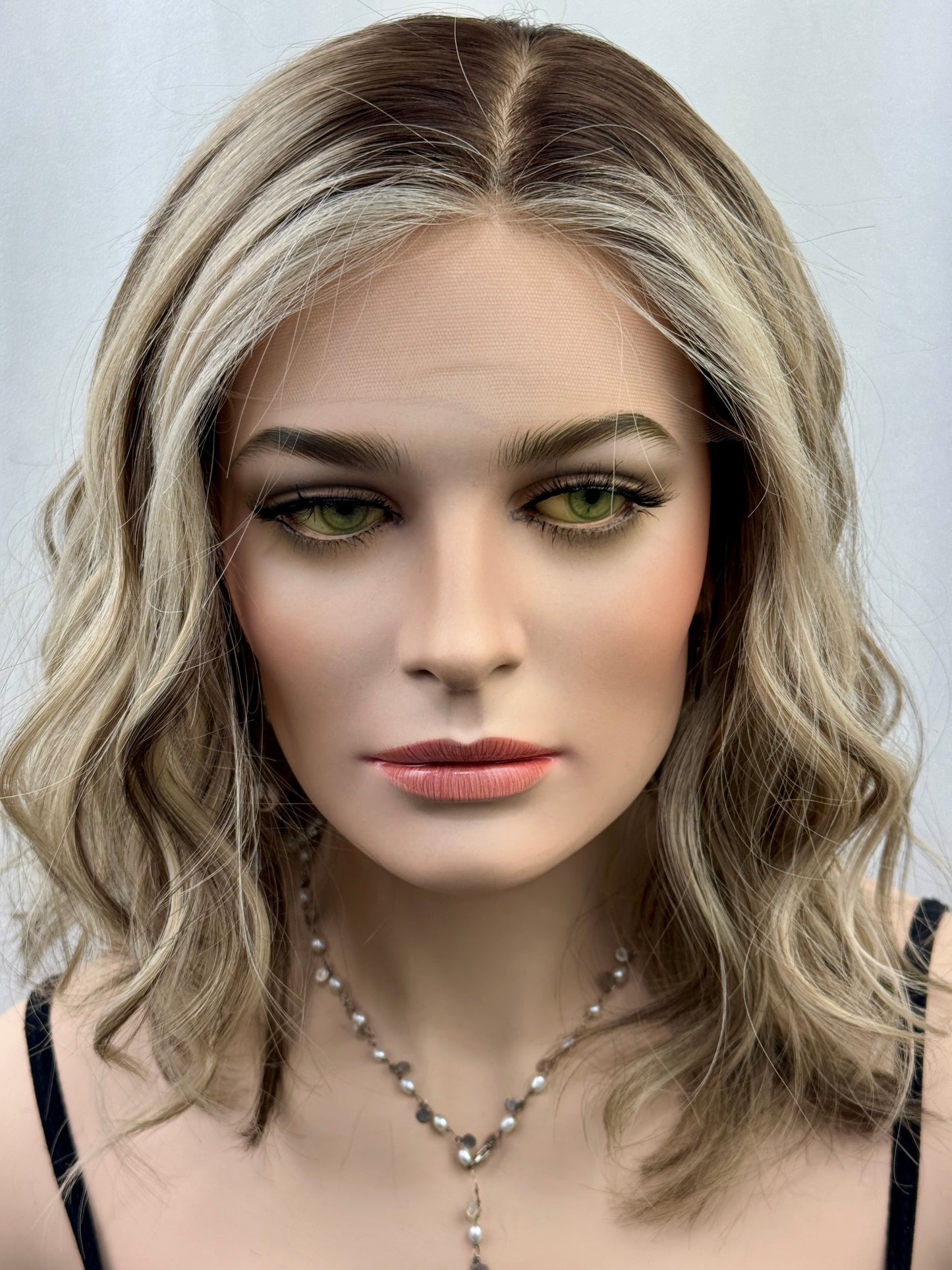 #525 Highest Quality Remy Human Hair medical cap wig with French drawn silk top and lace front and extra light cap and density (M)16”