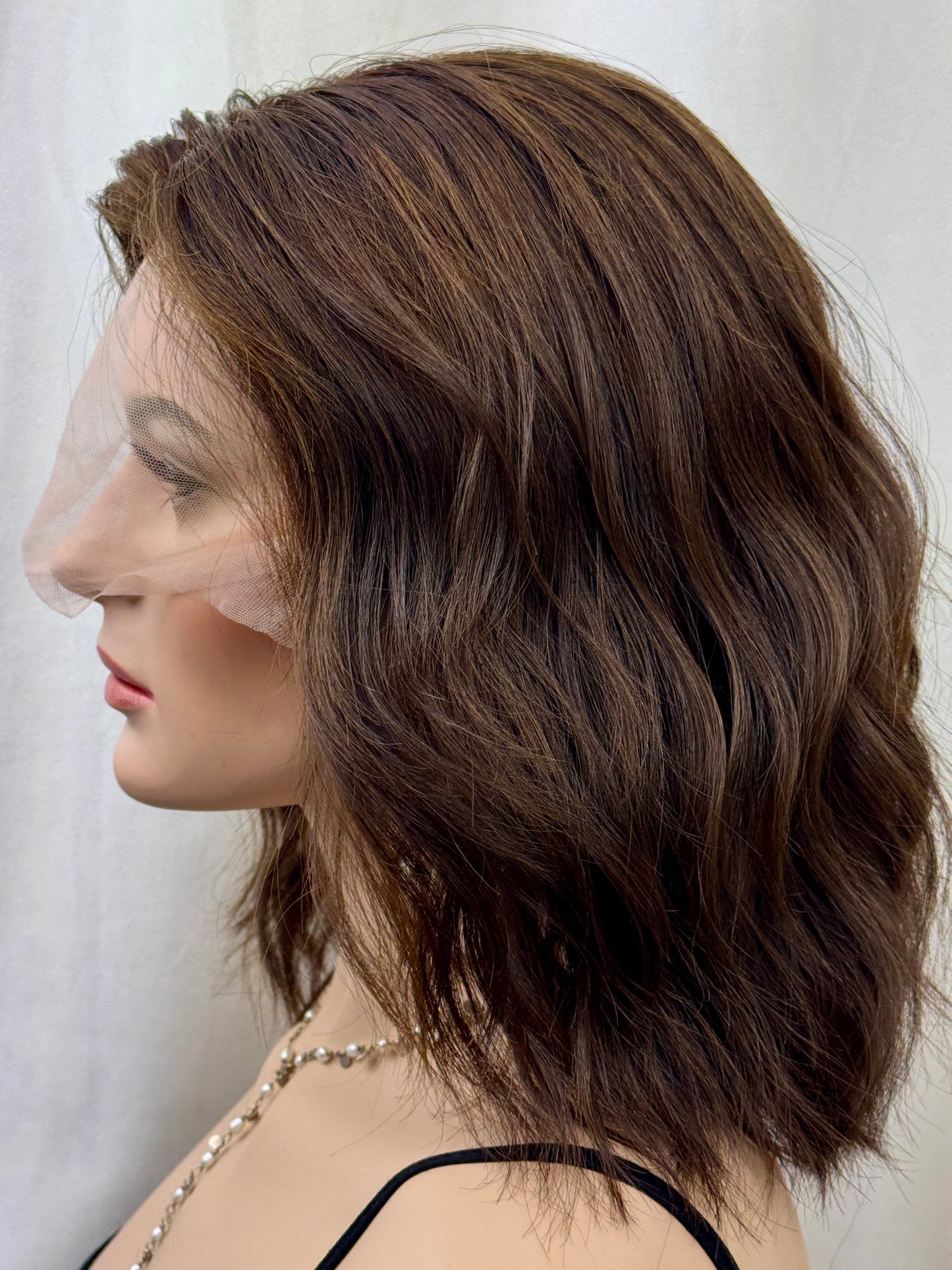#482 Highest Quality Remy Human Hair French drawn silk top Medical Cap, mostly Hand Tied low Density Silk Top Lace Front Kosher Wig (M)14”