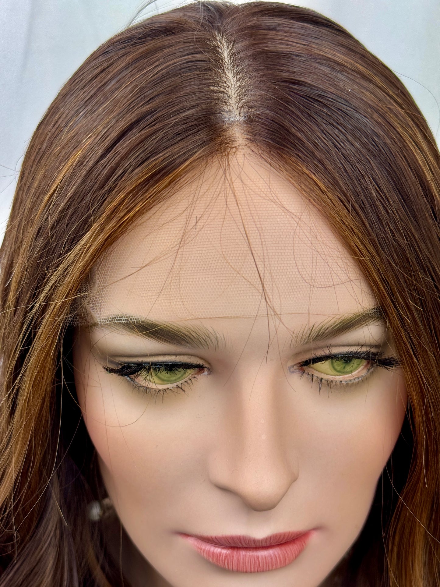 #513 Highest Quality Remy Human Hair medical cap wig with French drawn silk top and lace front and extra light cap and density (S)18”