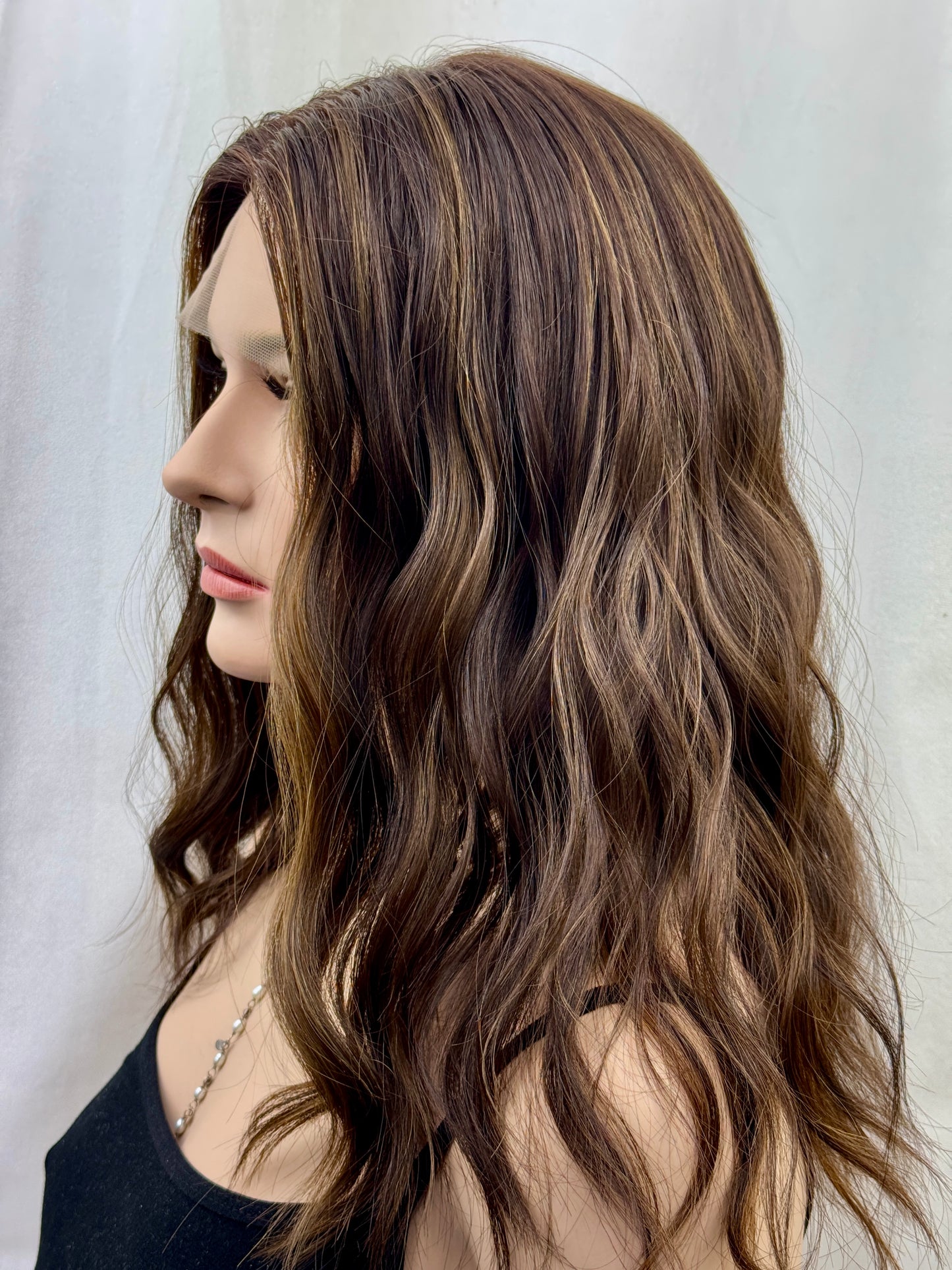 #503 Highest Quality Remy Human Hair medical cap wig with French drawn silk top and lace front and extra light cap and density (M)18/19”