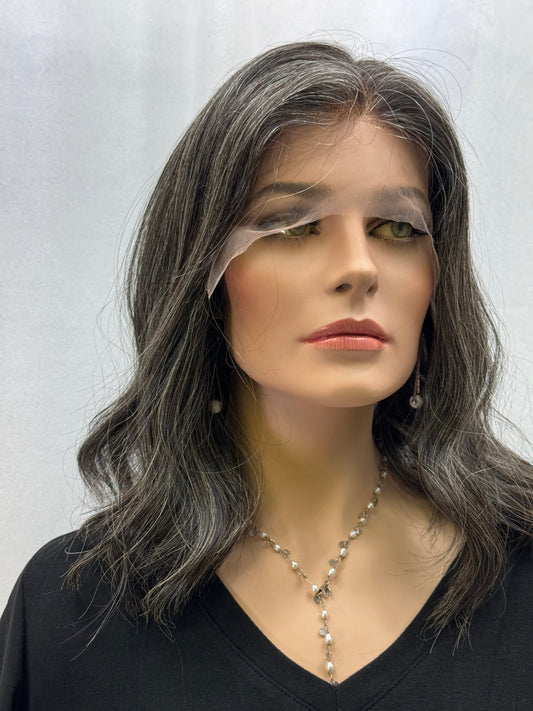 #291 **FINAL SALE** Dark Gray Highest Quality Remy Human Hair Lace Top Kosher Wig ~30% Gray Hair (S) 15/16”