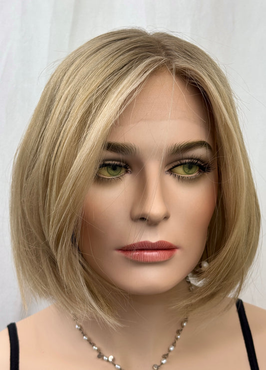 #512 Highest Quality Remy Human Hair medical cap wig with French drawn silk top and lace front and extra light cap and density (M)13”