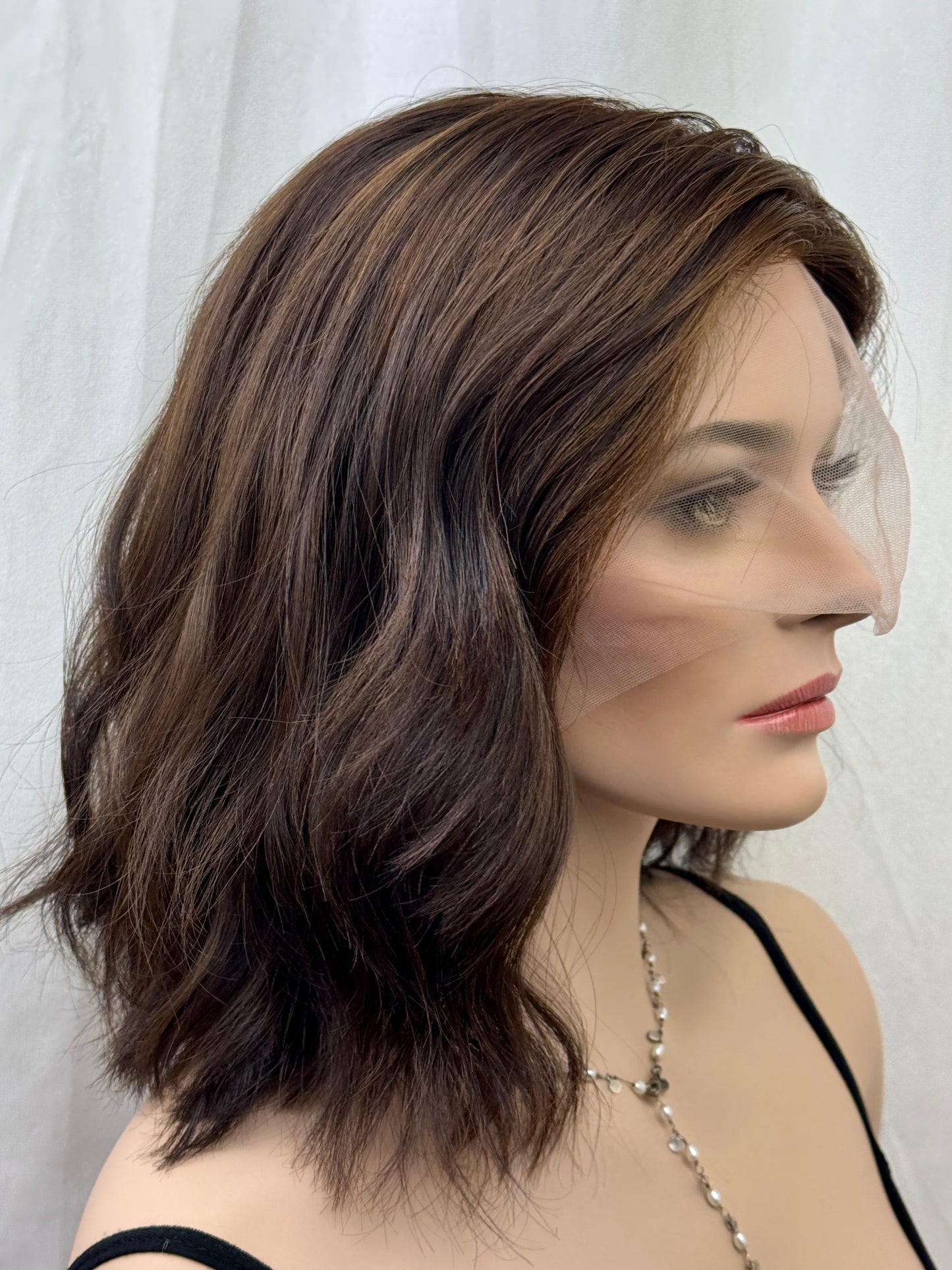 #482 Highest Quality Remy Human Hair French drawn silk top Medical Cap, mostly Hand Tied low Density Silk Top Lace Front Kosher Wig (M)14”