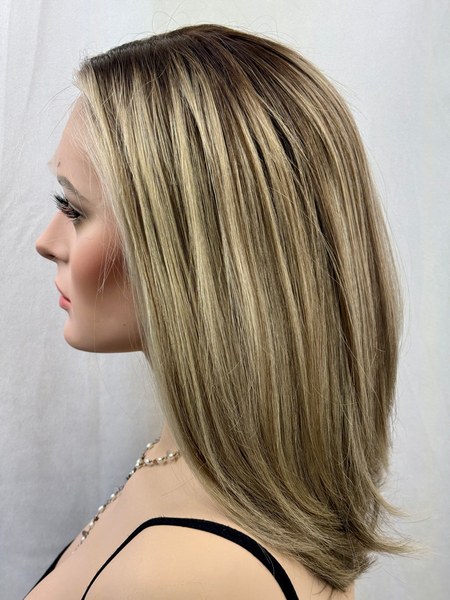 #525 Highest Quality Remy Human Hair medical cap wig with French drawn silk top and lace front and extra light cap and density (M)16”