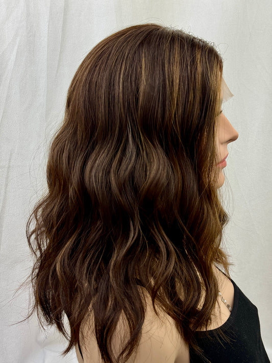 #503 Highest Quality Remy Human Hair medical cap wig with French drawn silk top and lace front and extra light cap and density (M)18/19”