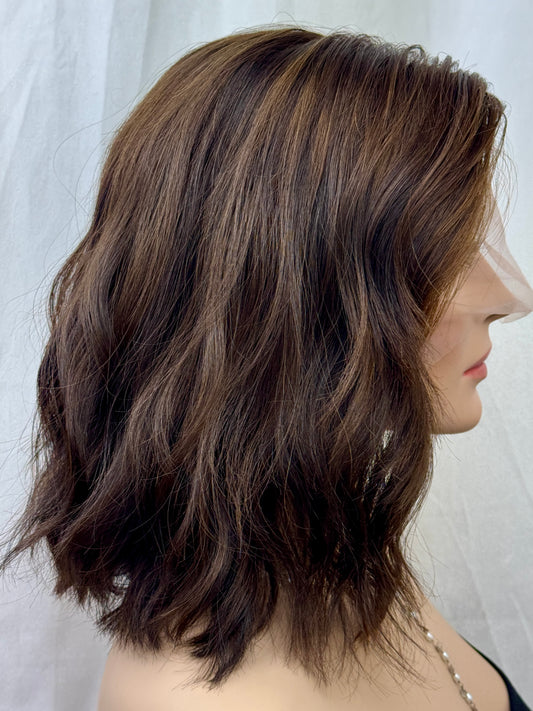 #482 Highest Quality Remy Human Hair French drawn silk top Medical Cap, mostly Hand Tied low Density Silk Top Lace Front Kosher Wig (M)14”