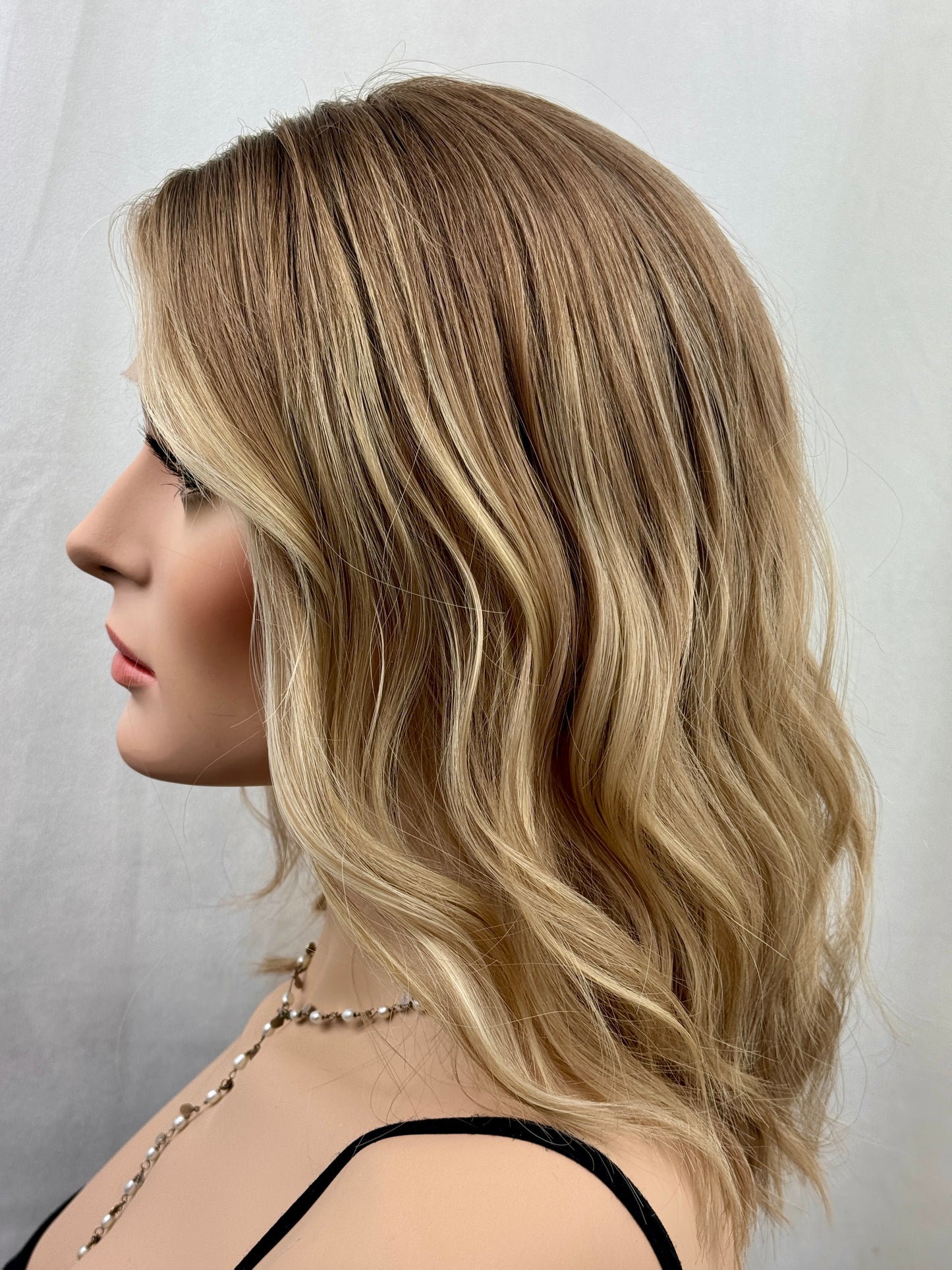 #531 Highest Quality Remy Human Hair medical cap wig with French drawn silk top and lace front and extra light cap and density (S)16”