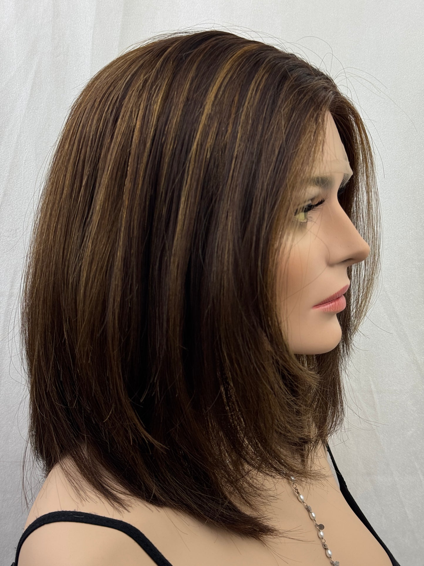 #530 Highest Quality Remy Human Hair medical cap wig with French drawn silk top and lace front and extra light cap and density (M)16”