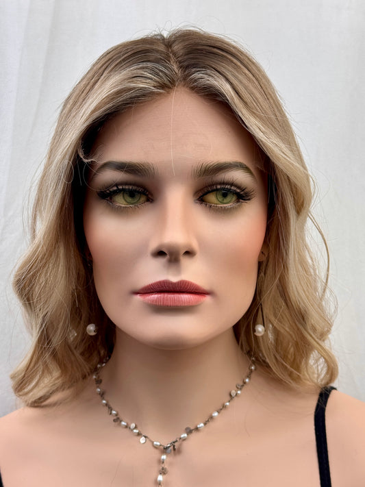 #531 Highest Quality Remy Human Hair medical cap wig with French drawn silk top and lace front and extra light cap and density (S)16”