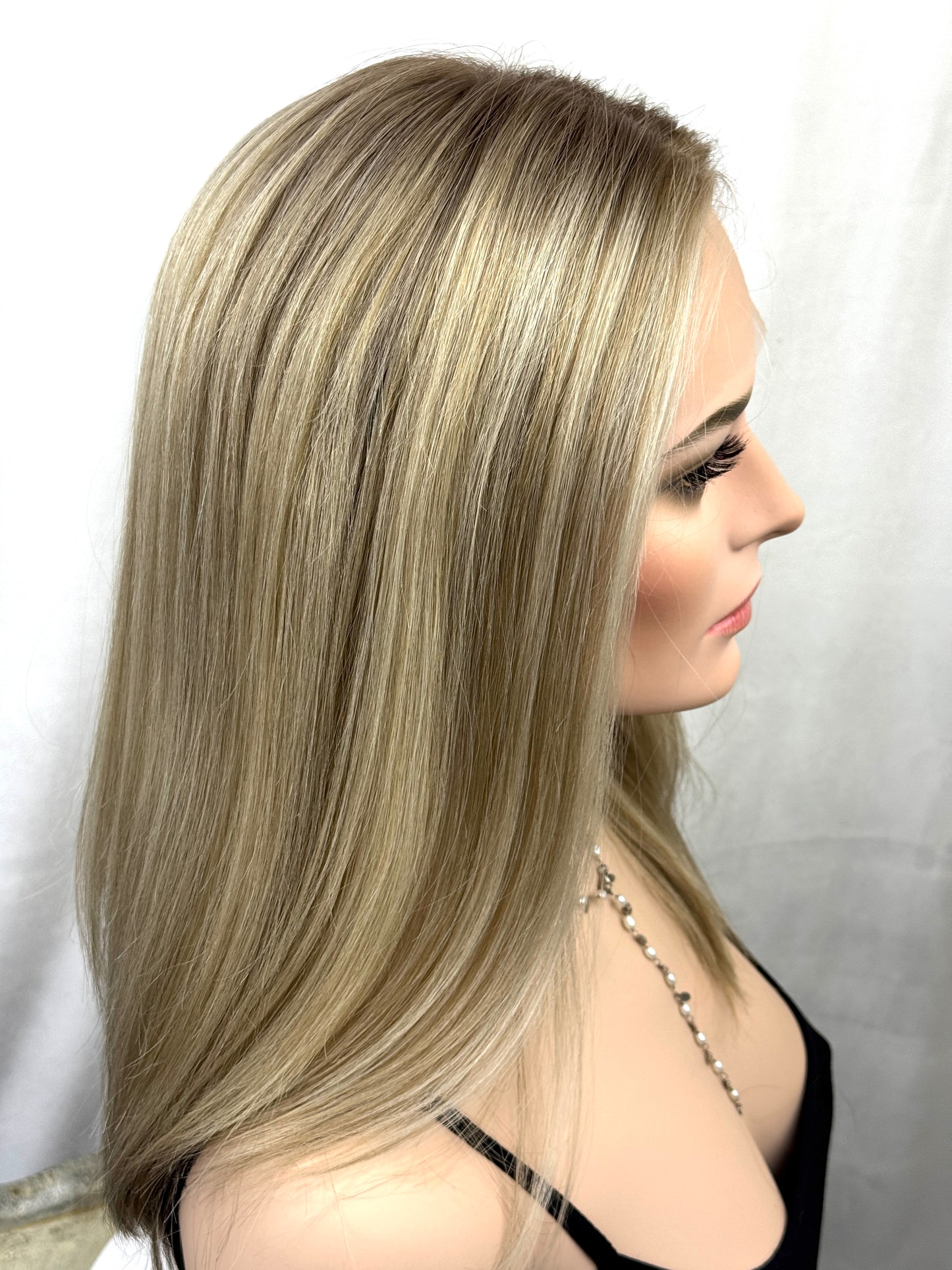#550 Highest Quality Remy Human Hair medical cap wig with French drawn silk top and lace front and extra light cap and density (S)19“