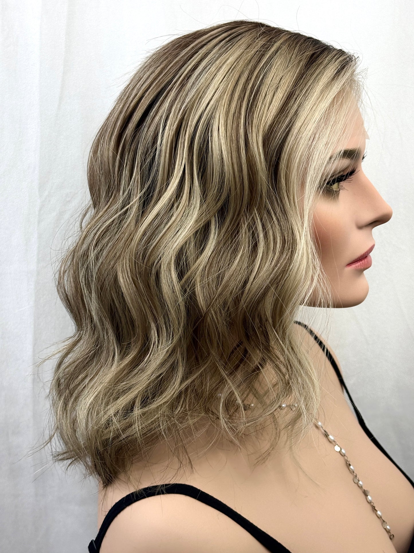 #525 Highest Quality Remy Human Hair medical cap wig with French drawn silk top and lace front and extra light cap and density (M)16”