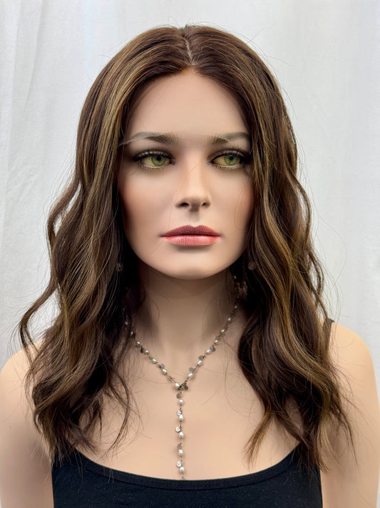 #503 Highest Quality Remy Human Hair medical cap wig with French drawn silk top and lace front and extra light cap and density (M)18/19”