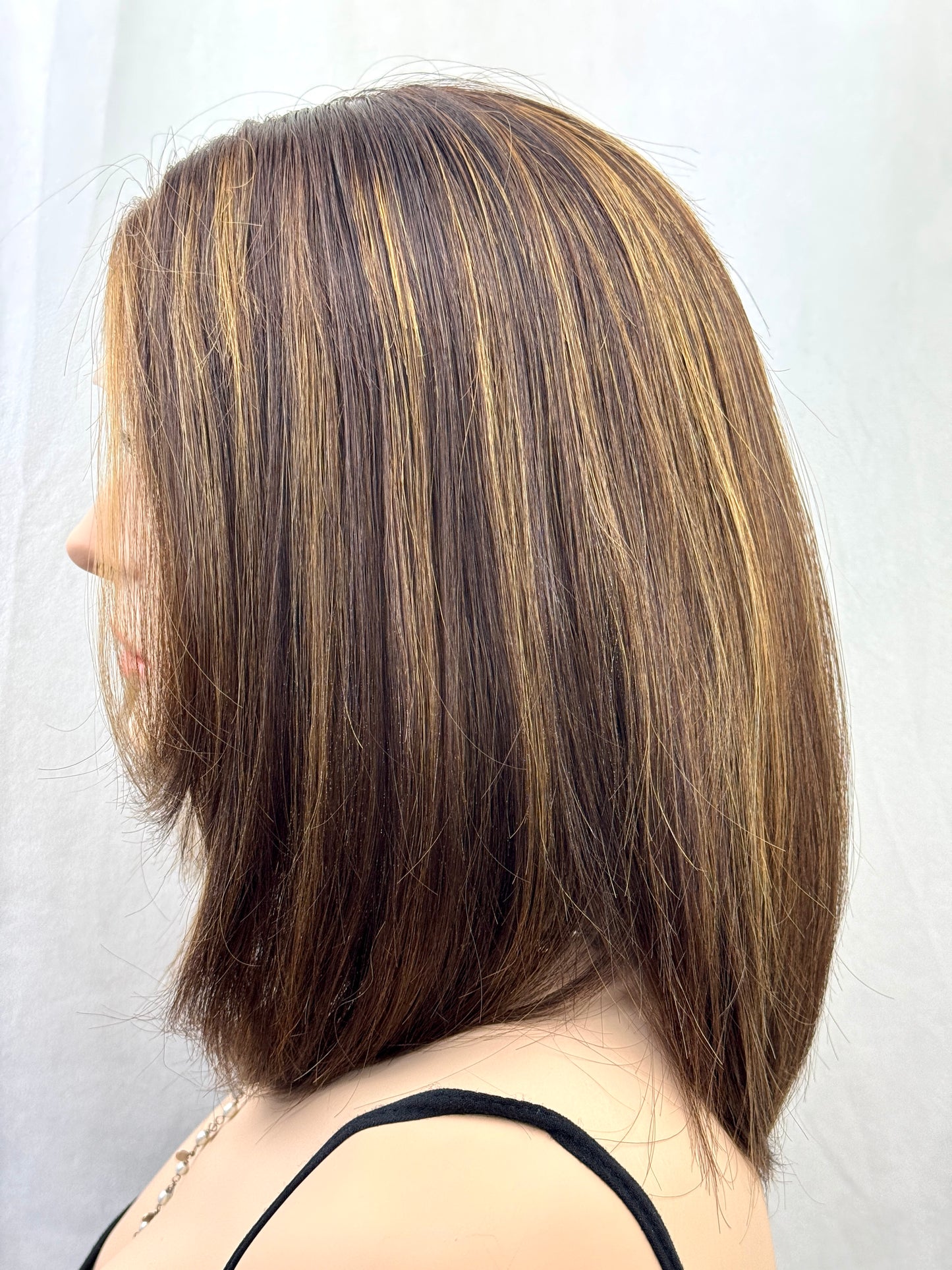 #530 Highest Quality Remy Human Hair medical cap wig with French drawn silk top and lace front and extra light cap and density (M)16”