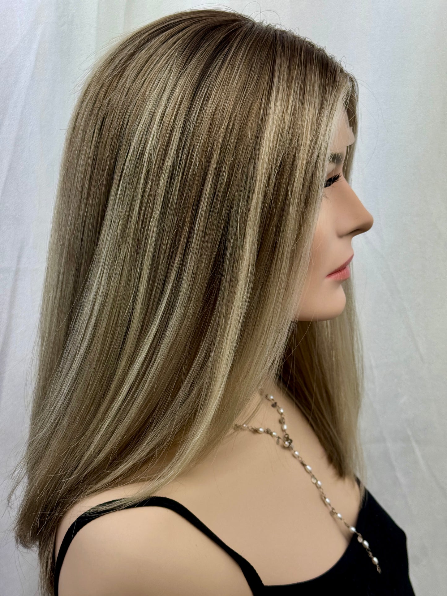 #502 Higjest Quality Remy Human Hair medical cap wig with French drawn silk top and lace front and extra light cap and density (S)18/19”