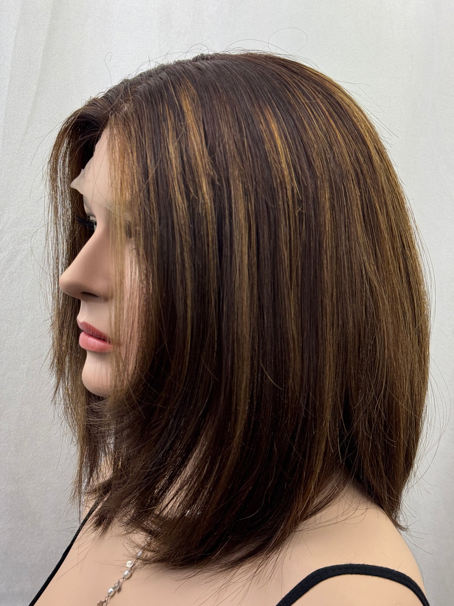 #530 Highest Quality Remy Human Hair medical cap wig with French drawn silk top and lace front and extra light cap and density (M)16”