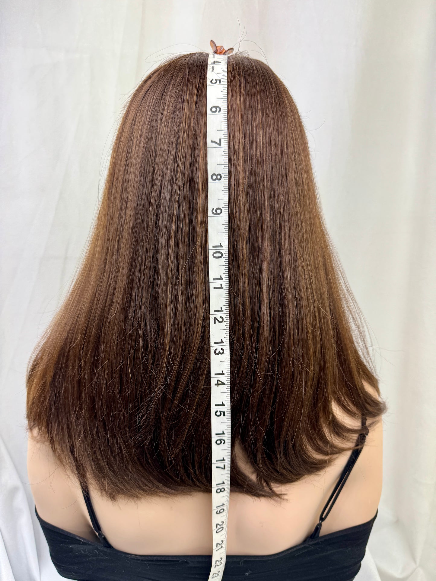 #513 Highest Quality Remy Human Hair medical cap wig with French drawn silk top and lace front and extra light cap and density (S)18”