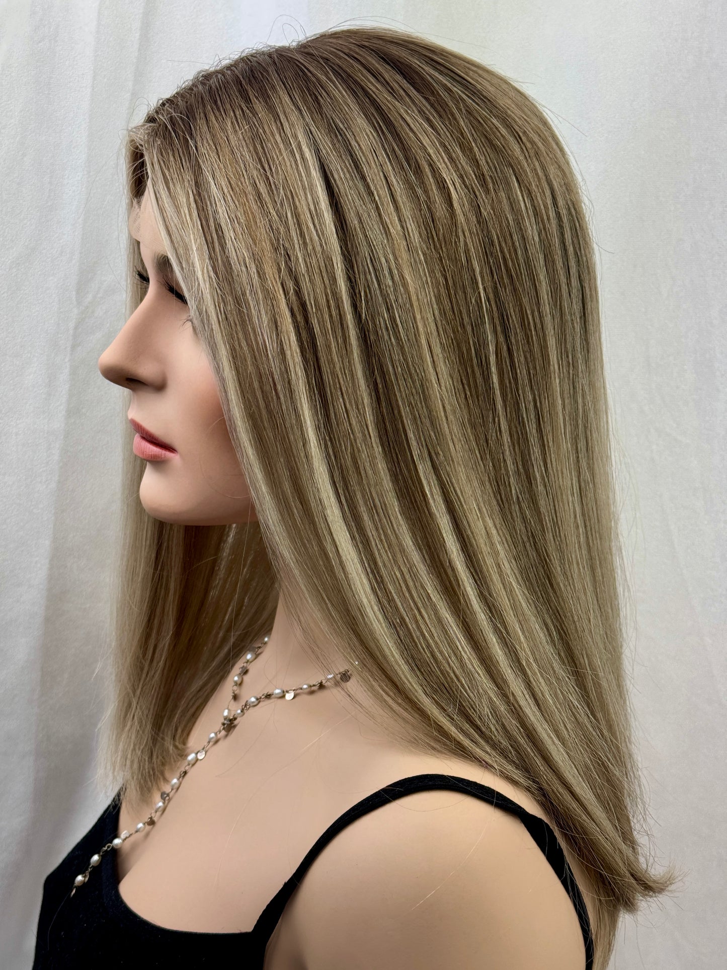 #502 Higjest Quality Remy Human Hair medical cap wig with French drawn silk top and lace front and extra light cap and density (S)18/19”