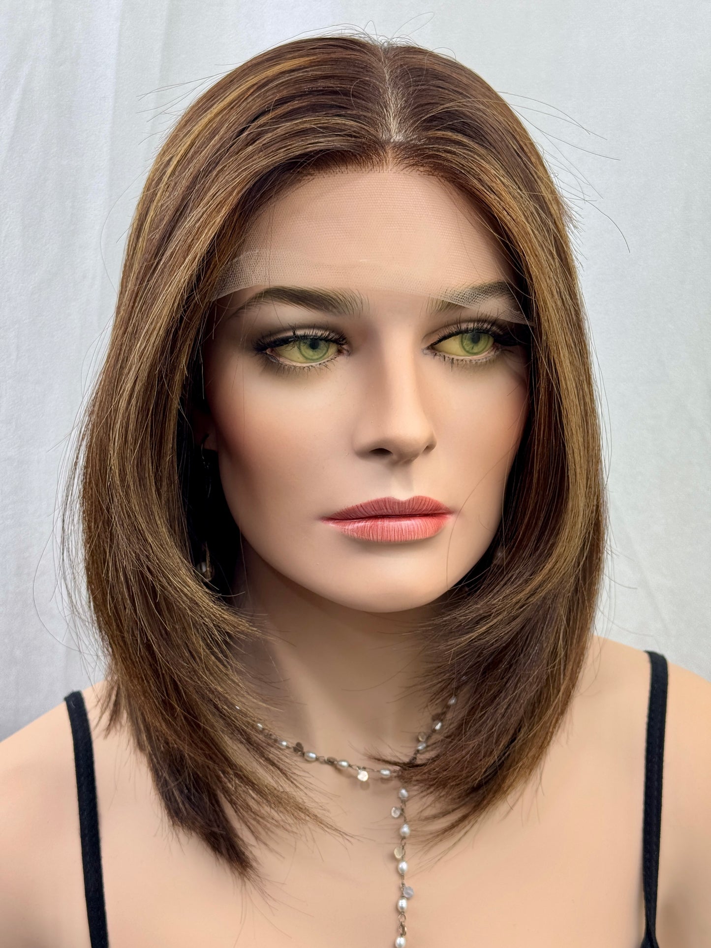 #530 Highest Quality Remy Human Hair medical cap wig with French drawn silk top and lace front and extra light cap and density (M)16”