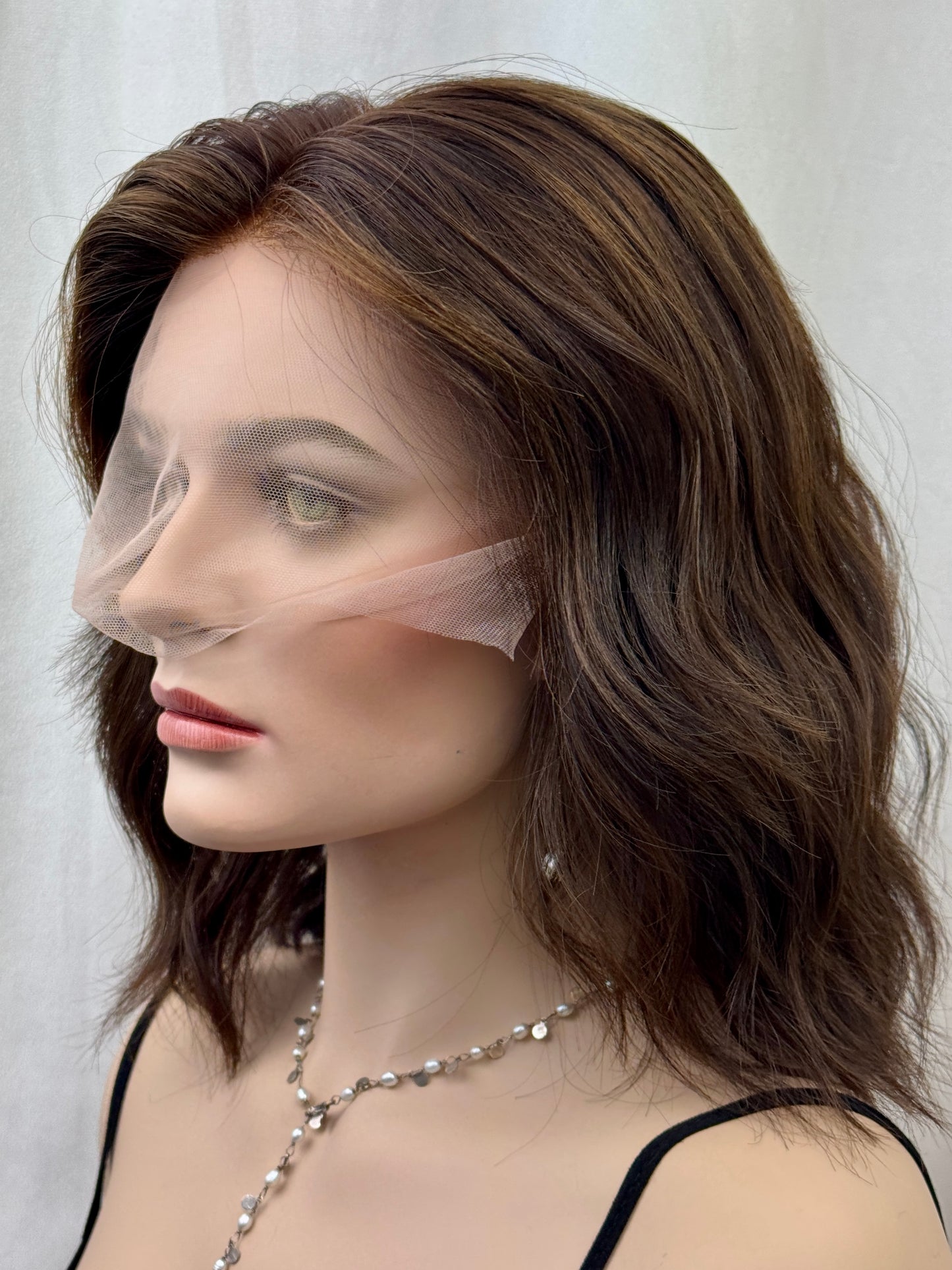 #482 Highest Quality Remy Human Hair French drawn silk top Medical Cap, mostly Hand Tied low Density Silk Top Lace Front Kosher Wig (M)14”