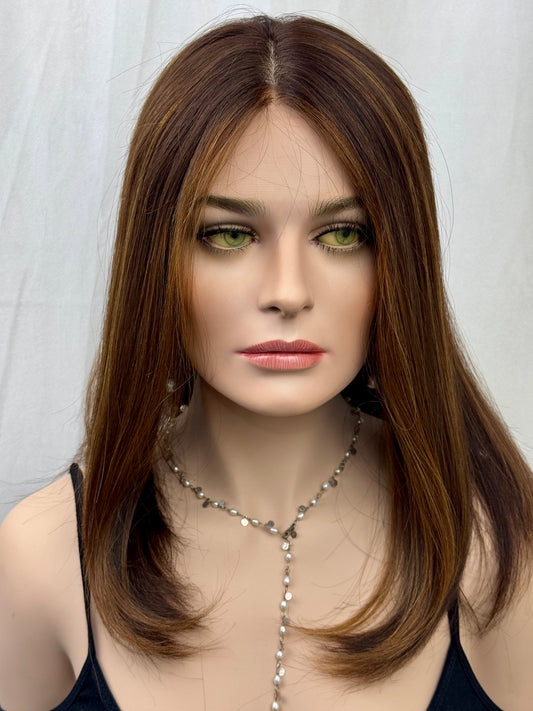 #513 Highest Quality Remy Human Hair medical cap wig with French drawn silk top and lace front and extra light cap and density (S)18”