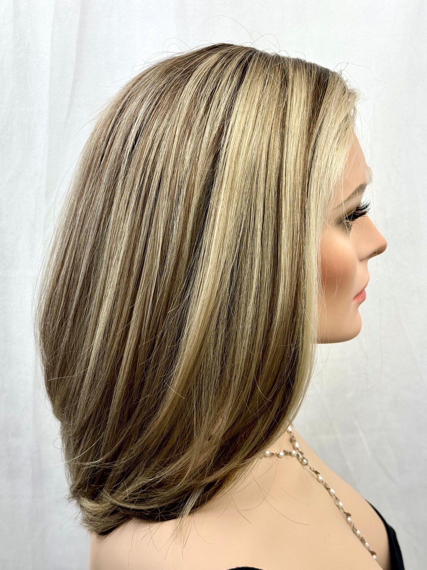 #525 Highest Quality Remy Human Hair medical cap wig with French drawn silk top and lace front and extra light cap and density (M)16”