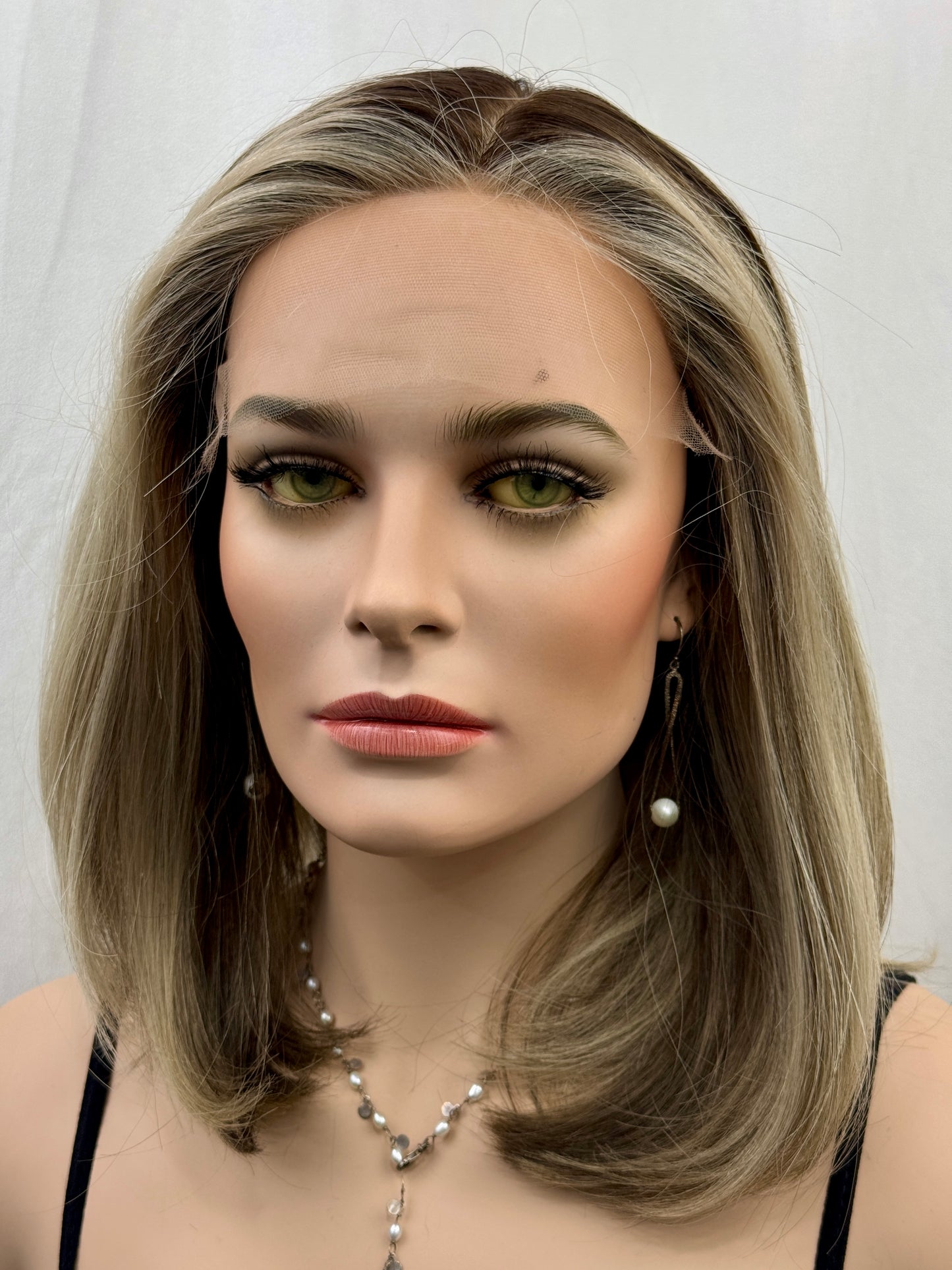 #525 Highest Quality Remy Human Hair medical cap wig with French drawn silk top and lace front and extra light cap and density (M)16”